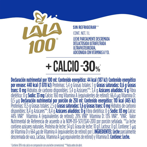 Leche Lala 100 +calcio Sin Lactosa 12 Pzs. De 1 L. C/u.
