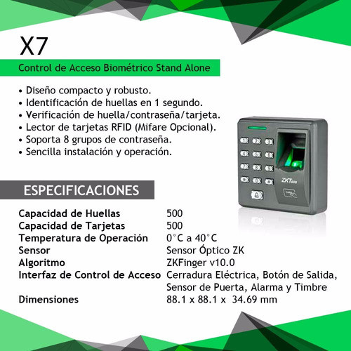 Control De Acceso Biométrico Stand Alone Zkteco X7