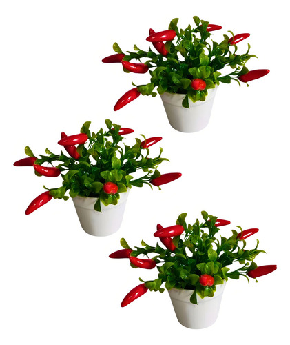 Arranjo Pimenta Artificiais + 3 Vasinhos Enfeites P/ Cozinha