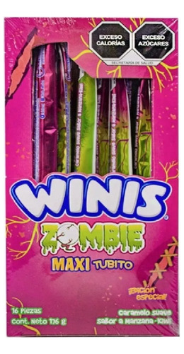 Winis Maxi Zombie Tubo Caramelo Suave Manzana Kiwi 16 Pack