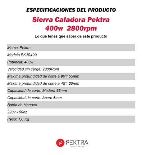 Imagen 6 de 8 de Sierra Caladora Pektra Variable 400w 2800rpm Madera Acero