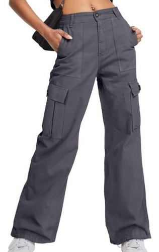 Pantalon Cargo Gris Holgado Tiro Alto Bolsas Laterales 