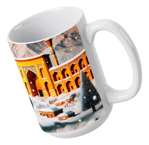 Taza Grande Mono De Nieve Con Gorro Y Bufanda En Mini Ciudad