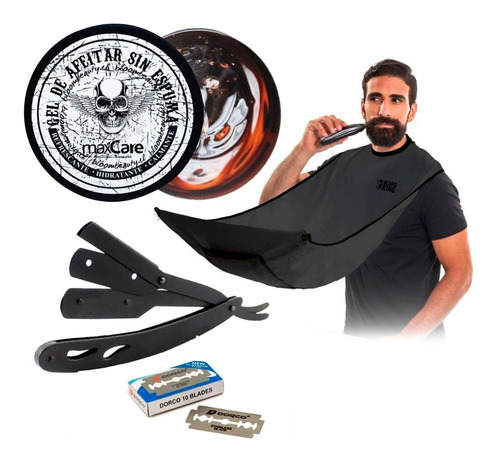 Kit Capa Para Barba Delantal  Gel Afeitar Navaja Barberia