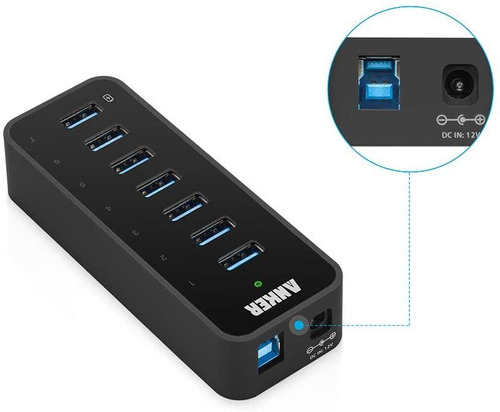 Anker Hub De Datos De 7 Puertos Y Usb 3.0 Con Adaptador De C