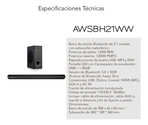 Imagen 3 de 3 de Barra De Sonido Con Woofer Aiwa