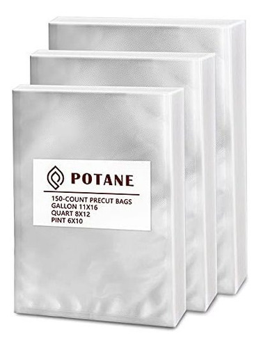 Potane Vacuum Sealer Bags, Precut 150 Gallon 11x16, Quart 8x