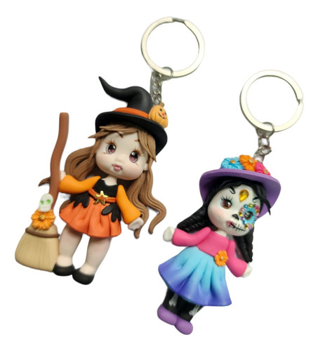 Llavero Catrina Azul Y Bruja Naranja De Pasta+estuche N19