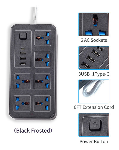 Power Strip, 6 Tomas De Corriente Alterna, 3 Puertos Usb, 1