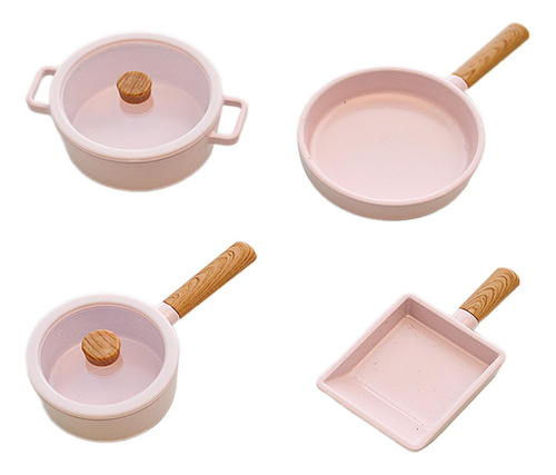 4 Uds 1/6 Olla De Cocina Para Casa De Muñecas, Sartén Rosa