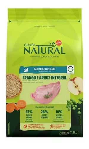 Ração P/ Gato Adulto Castrado Frango/arroz  7,5kg Guabi Nat.