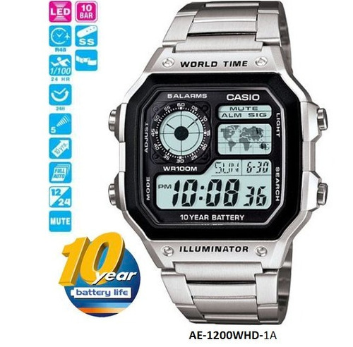 Relógio Casio Original Ae1200whd Prata Aço Inoxidável Mundi