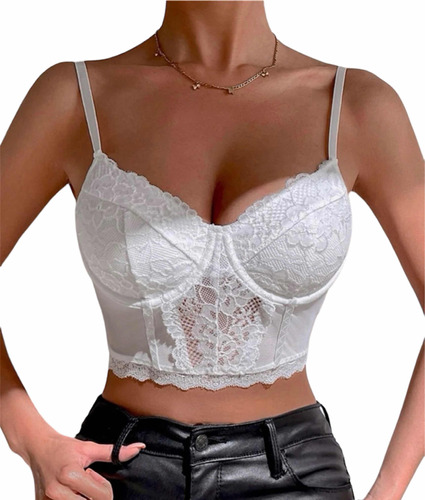 Top Encaje Corset Bretel Regulable Mujer Tul Blanco Armado