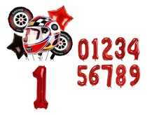Comprar Set De 6 Globos Metálicos Casco Llantas Estrellas Y Numero Color Rojo\u002Fnegro Casco Llantas Y Estrellas