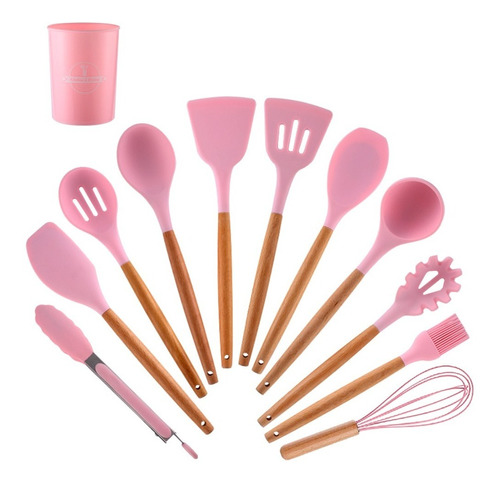 Kit Set X12 Utensilios Cocina Espatula Madera Silicona Calor