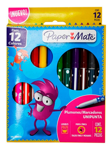 Plumones Paper Mate Unipunta Paquete 12 Colores Punta Conica