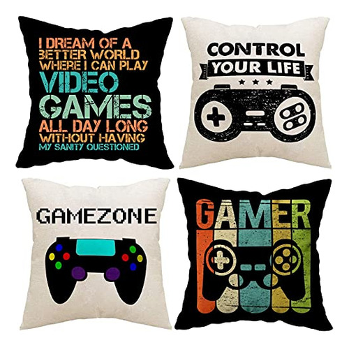 Gamer Game Controller Set Of 4 Linen Square Throw Pillo...