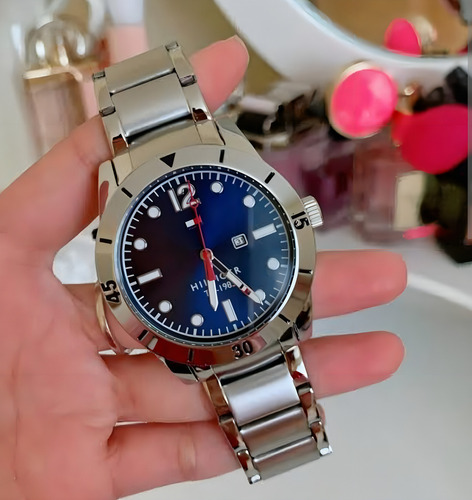 Reloj Tommy Hilfiger 1791459 Para Hombre 42 Mm Plateado Azul Fondo Azul Oscuro