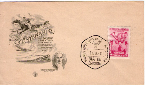 Imagen 1 de 2 de Argentina Sobre 1° Día Emisión 200° Correo Argentino 1948