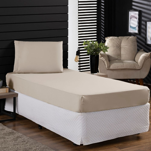 Jogo Roupa Cama Lençol Solteiro 400 Fios 2 Peças Barra Hotel Cor Bege Desenho do tecido Liso