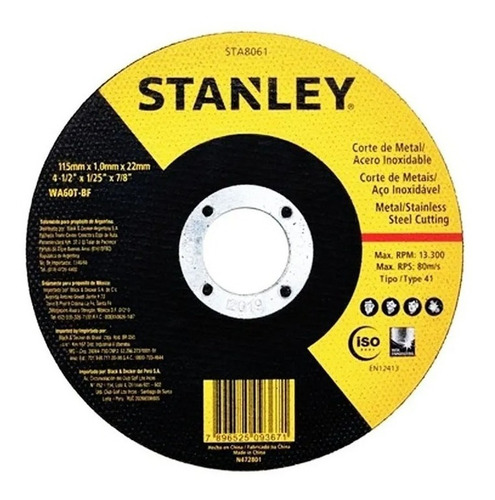 Disco Corte Metal/ Inox 4 1/2  X 1,0mm X 7/8 Stanley Sta8061