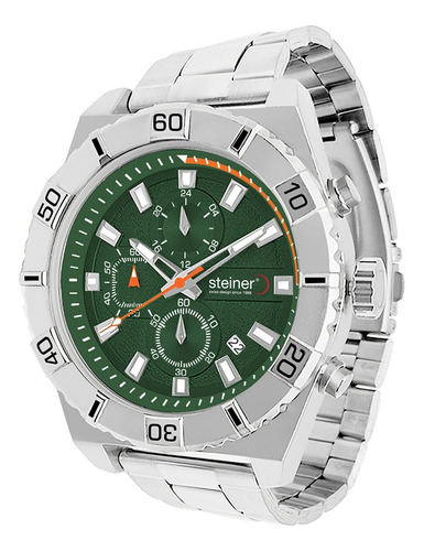 Reloj De Hombre Steiner Cronógrafo Y Fechador 3 Atm Plateado Fondo Verde