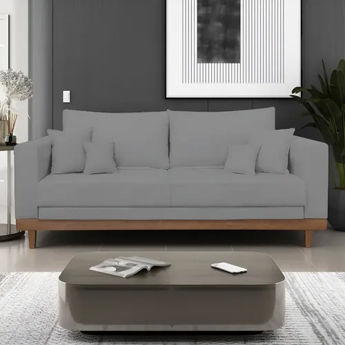 Sofá Living 3 Lugares Linho Grafite Reforçado Base Madeira Com Almofadas