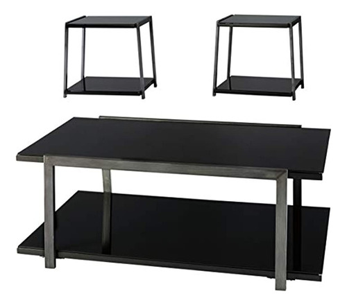 Mesa Centro Y Auxiliar De Metal-cristal Color Negro/3 Piezas