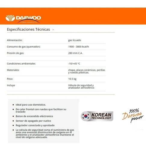 Imagen 6 de 9 de Estufa Calefactor Garrafera Daewoo Dany-113 3612kcal + Regu