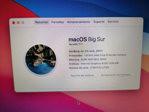 Macbook Air Plata 13.3 , Intel Core I5 8gb De Ram 128gb Ssd (Usado)