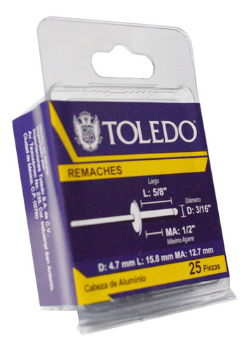 Remache De Clavo 3/16 X 5/8 X (1/2) 25pz Toledo