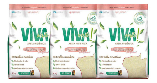 Kit 3un Areia Higiênica Gatos Biodegradável Viva Verde Vida Descomplicada 4kg x 4kg de peso neto  y 4kg de peso por unidade