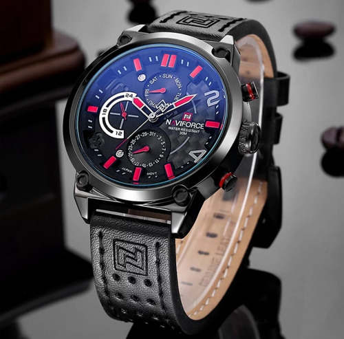 Relógio Masculino Naviforce Quartzo Aço 9068 Em Couro