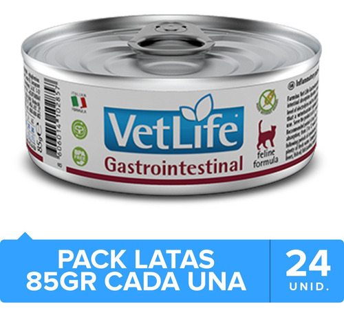 24 Latas Vet Life Gastro Intestinal Para Gatos 85gr Np