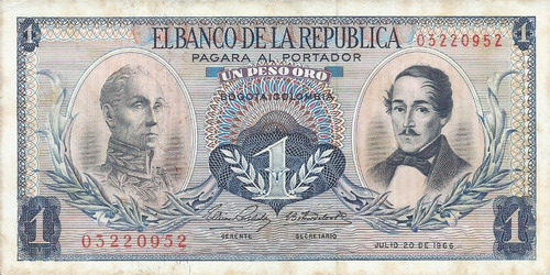 Colombia 1 Peso Oro 20  Julio 1966 Con Hilo