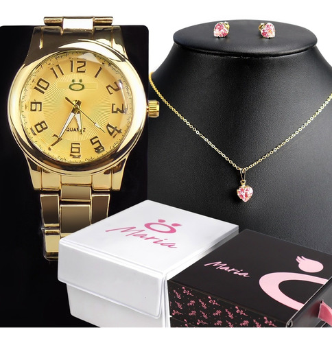 Kit Relógio Feminino Original Dourado Com Colar E Brinco Nfe