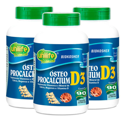 Vitamina D3 Cálcio E Magnésio Ósteo Procalcium Kit 3 Frascos