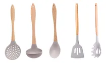 Comprar Kit Utensílios Talheres Cozinha 5 Pçs Silicone Cabo Madeira