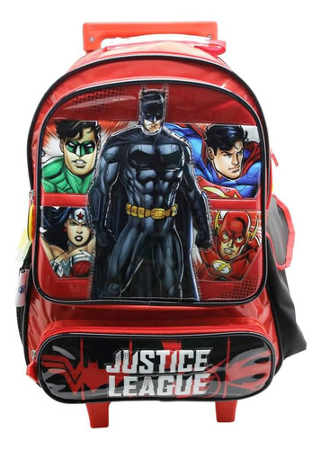 Mochila Escolar Dc Liga De La Justicia Primaria Con Carro Color Rojo Diseño De La Tela Liso