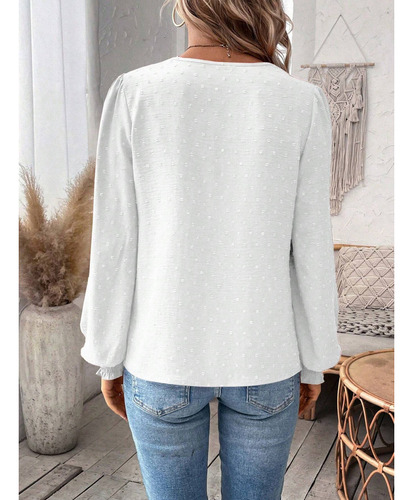 Camiseta Manga Larga Encaje Con Cuello En V Moda Para Mujer