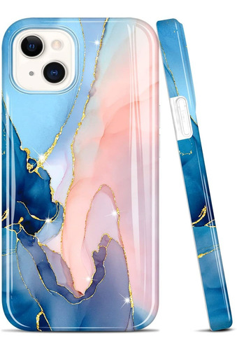 Funda Para iPhone 13, Estampe De Marmol/celeste Y Rosa