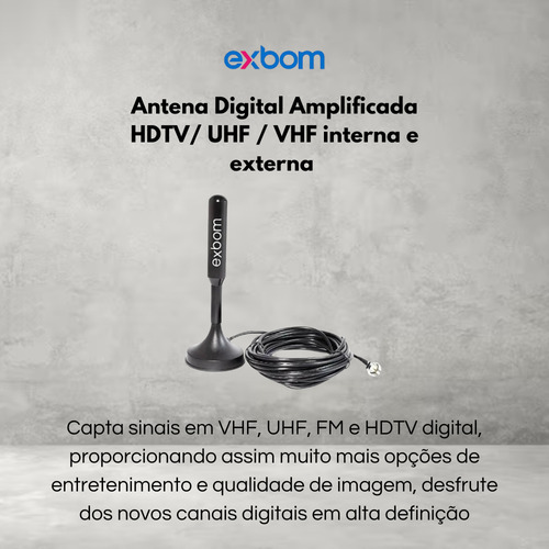 Antena Digital Hdtv Interna E Externa, 3,5dbi Cabo 4m Exbom