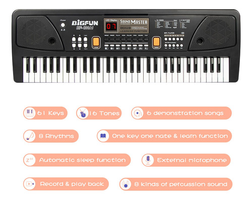 Teclado Piano Digital Portátil De 61 Teclas Para Principiant Negro