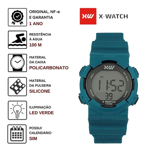 Relógio Pulso X-watch Esportivo Infantil Digital Prova Dágua Cor Xkppd105 - Azul Cor do fundo Lcd Positivo