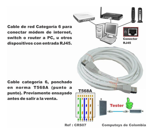 Imagen 4 de 6 de Cable Red Utp Rj45 Categoría 6 7m Ref: Crs07 Computoys Sas