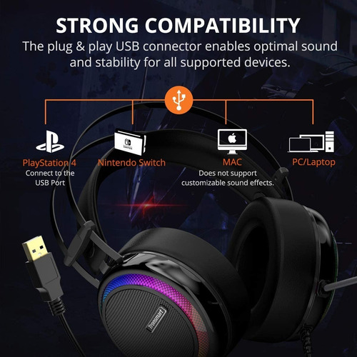 Imagen 4 de 10 de Audifonos Gamer Tronsmart Glary Extra Bass Pc Ps4 Mac - Led