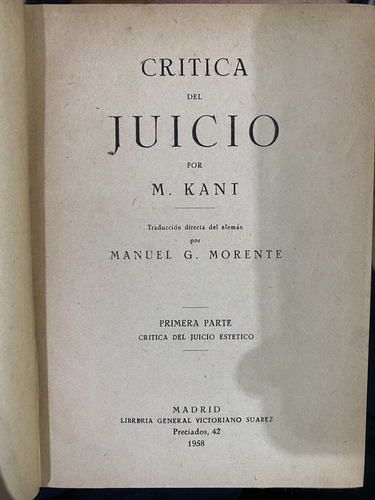 Crítica Del Juicio Kant Traducción Y Prólogo Garcia Morente (Usado)