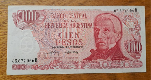 Bottero N 2398 Billete 100 Pesos Ley 18.188/69. Excelente 