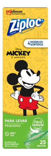 Saco Hermético Mickey e Amigos Ziploc Pequeno 16,5cm x 14,9cm 25 Unidades