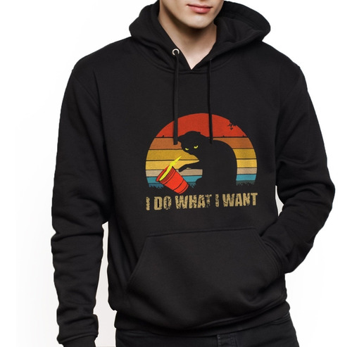 Sudadera Negra Con Estampado I Do What I Want Gato Capucha 